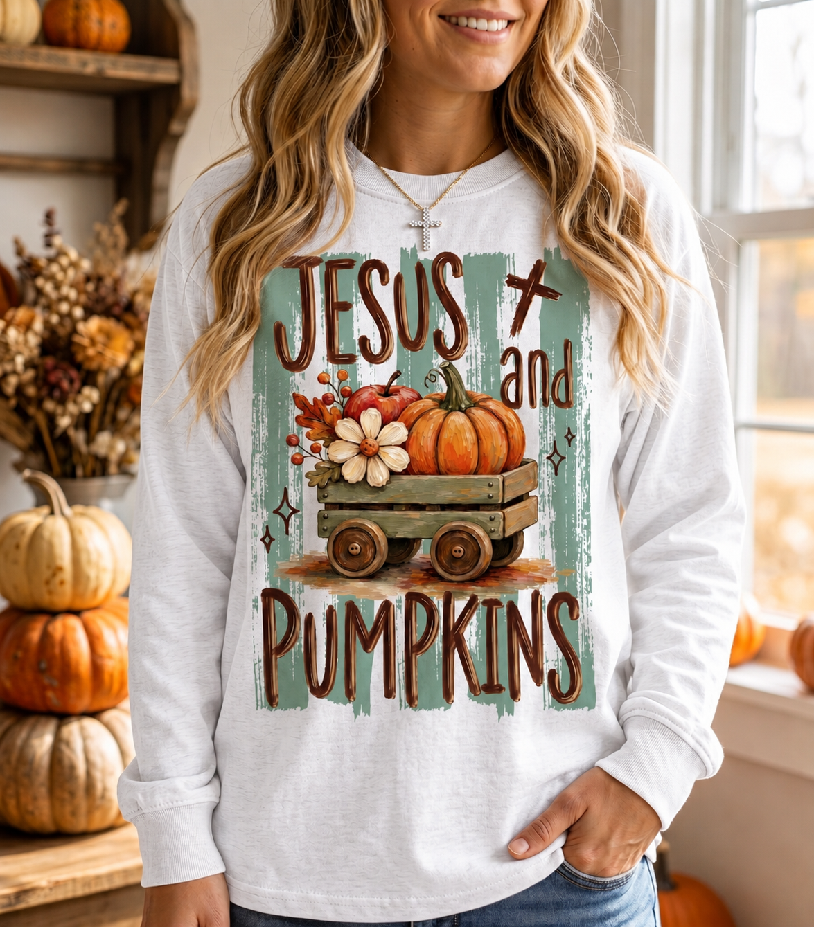 Long Sleeve Jesus and Pumpkins